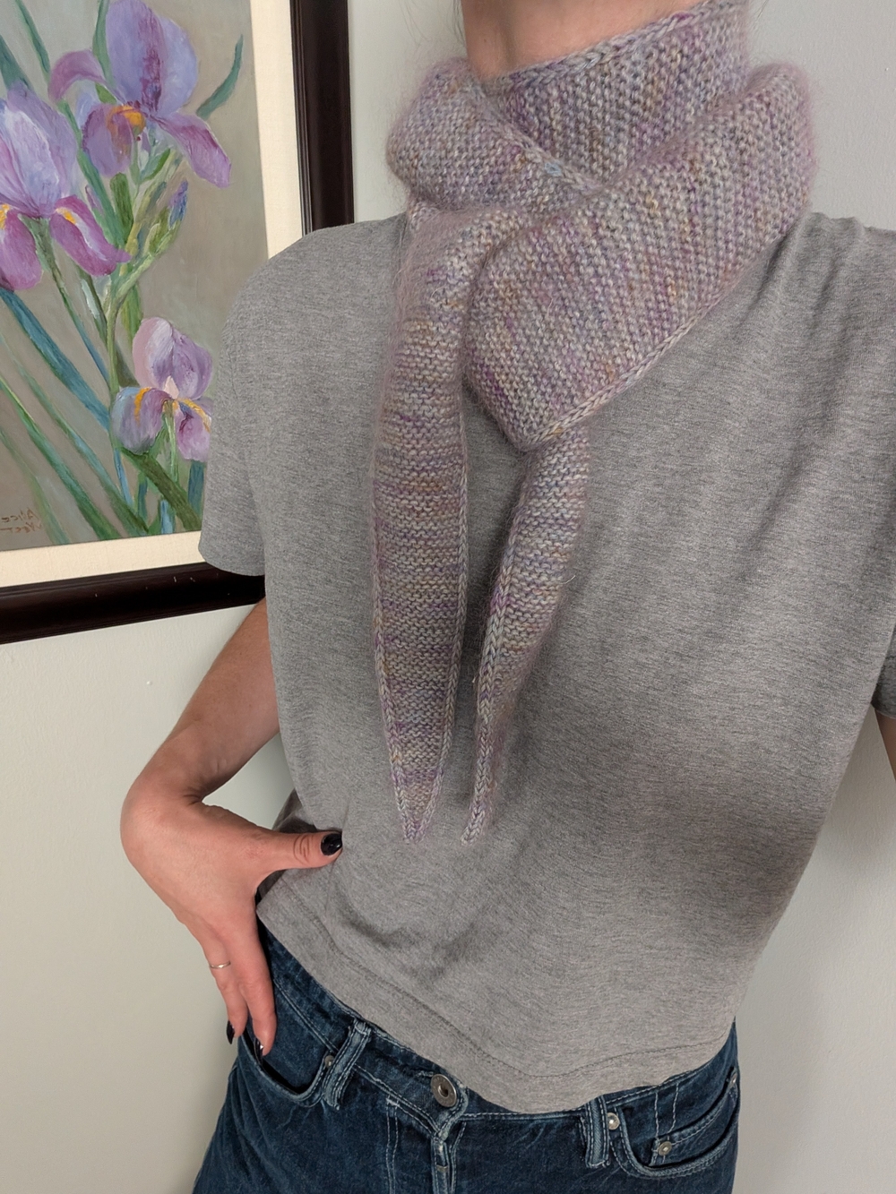 Handknit Lavender-gray Long Narrow Scarf
